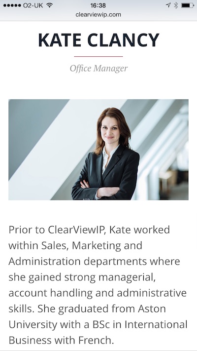 ClearViewIP website staff member page mobile screenshot