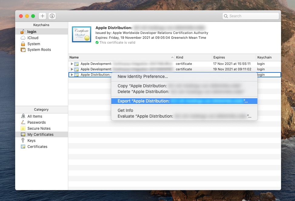 Export iOS Distribution Certificate from Keychain