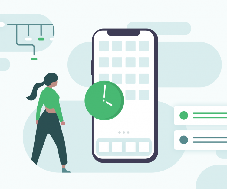 Illustration of woman with mobile app and a clock to demonstrate visually how long an app takes to create.