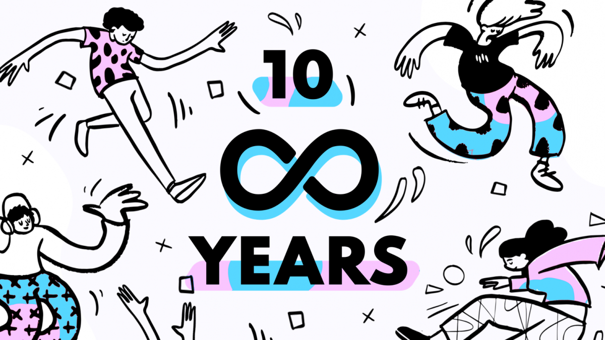 Rareloop is 10, illustration of the Rareloop logo and people dancing and celebrating.
