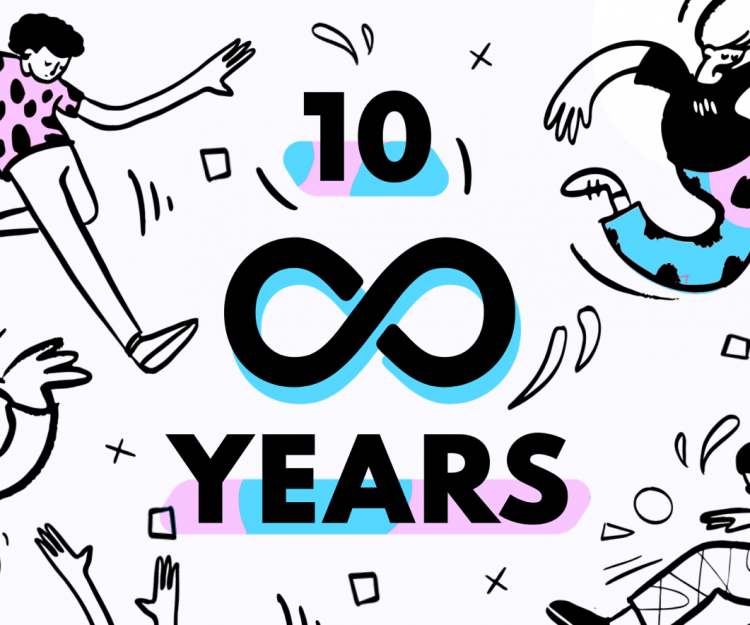 Rareloop is 10, illustration of the Rareloop logo and people dancing and celebrating.