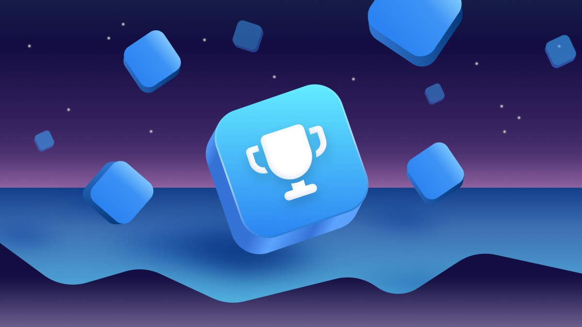 Top app development agency, illustrated trophy on a blue cube, floating in an atmospheric landscape
