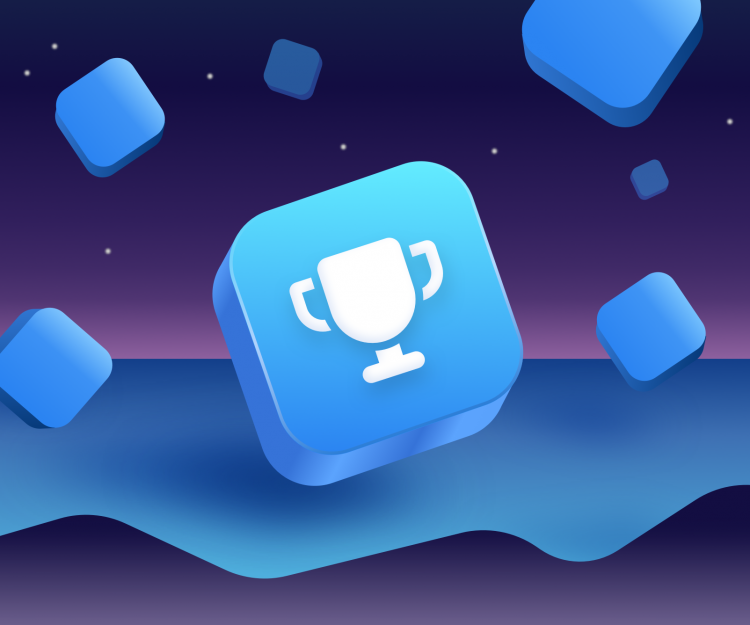 Top app development agency, illustrated trophy on a blue cube, floating in an atmospheric landscape
