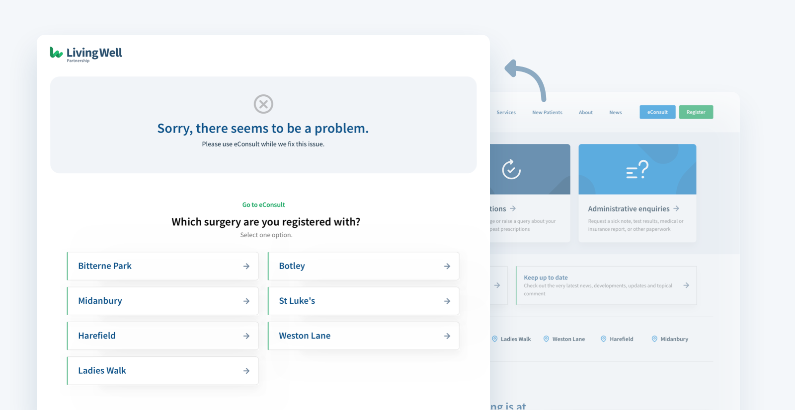 Failover page for Living Well Partnership, with links to surgery eConsult paged and an error message.